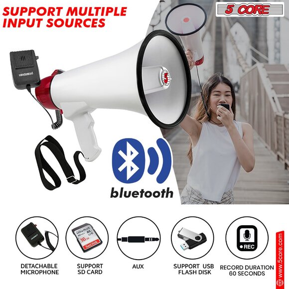 5 CORE 50W Megaphone Bullhorn Cheer Bull Horn Speaker Rechargeable 300M Range Si - Picture 3 of 12